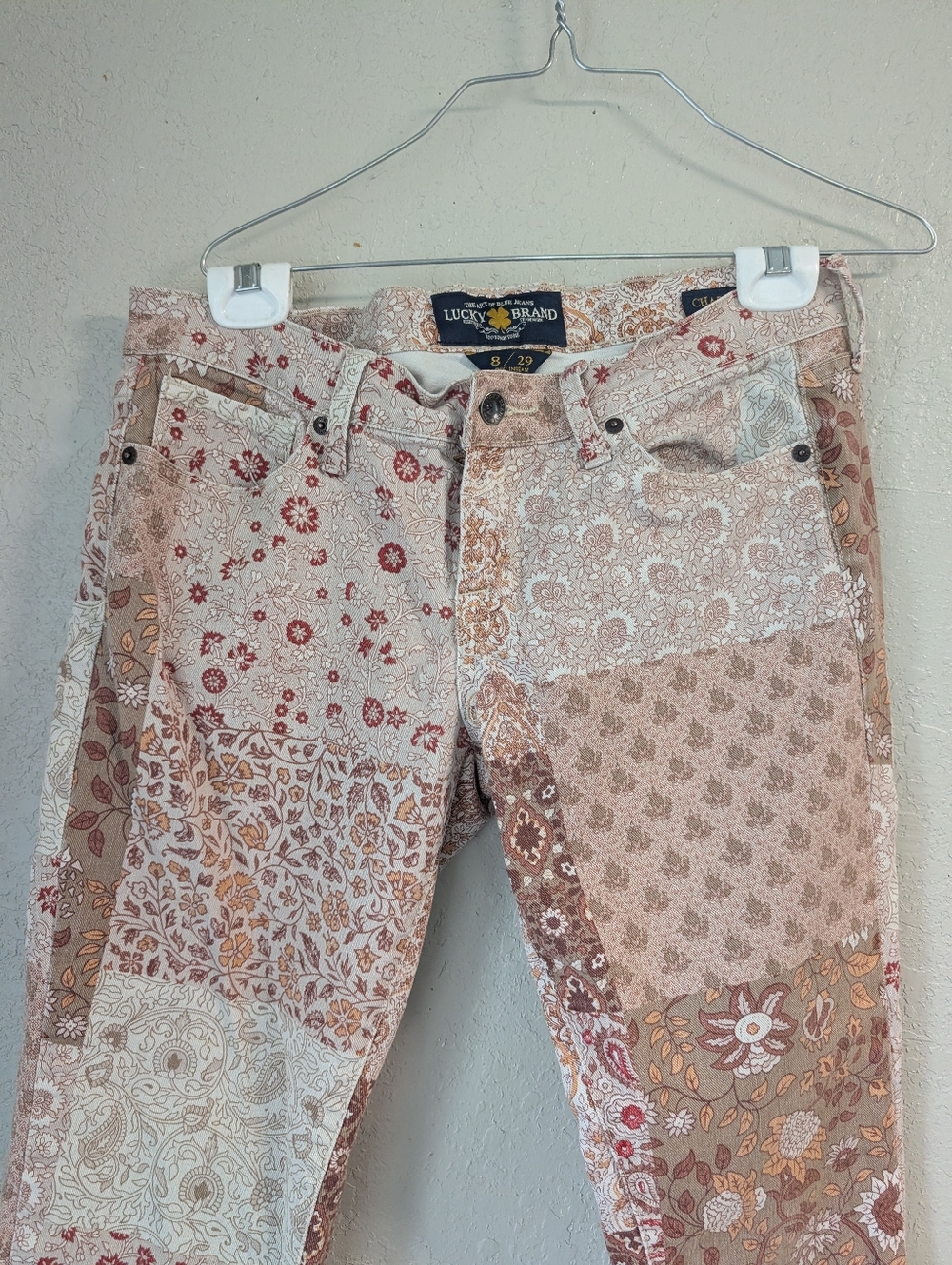 Patchwork Skinny Jeans 8 Blush Low Rise Paisley Floral Boho Festival Denim Fem - Picture 5 of 9